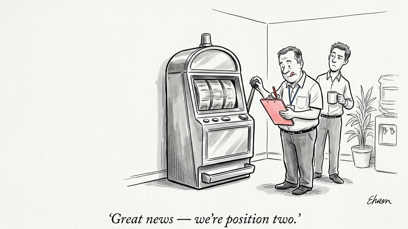 Cartoon of a marketer noting 'position two' after one pull of a slot machine whose reels are already spinning to a new result.