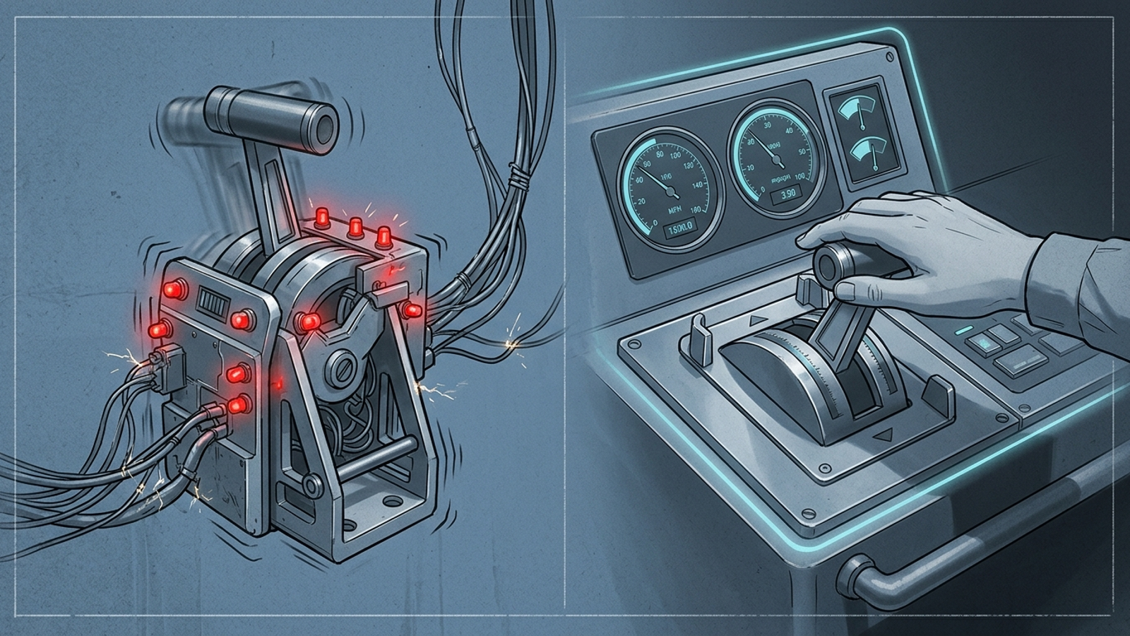 An unstable mechanical throttle beside a calibrated digital console with a human hand on its override lever.