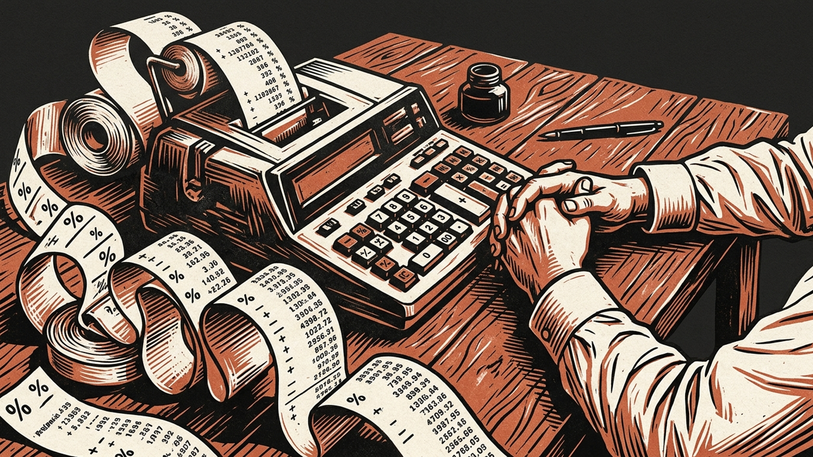 Mechanical calculator printing a rising receipt while human hands rest beside it.
