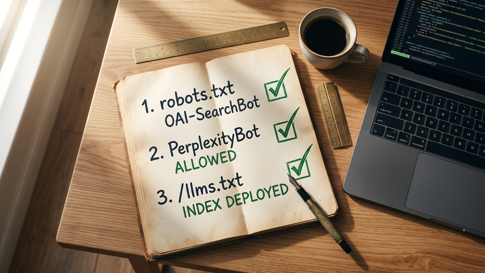 Notebook checklist for crawler access, robots.txt, and llms.txt