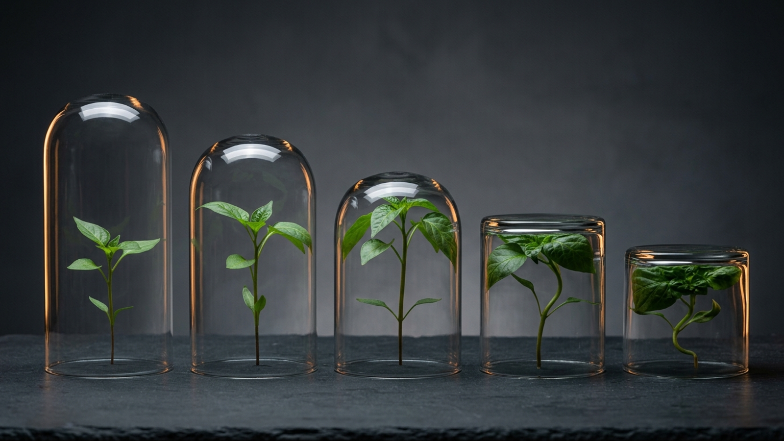 Five glass cloches on dark slate, with plants pressed against the low lids of the final domes.