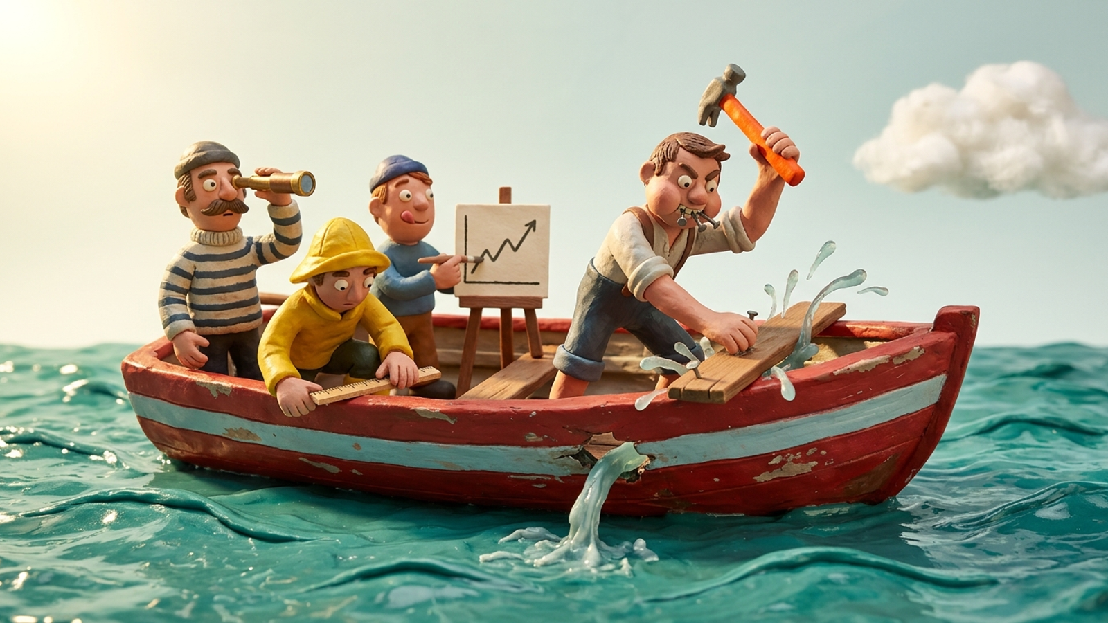 Clay figures in a leaking rowboat: three watch, measure and chart the rising water while only one actually hammers a patch over the hole.