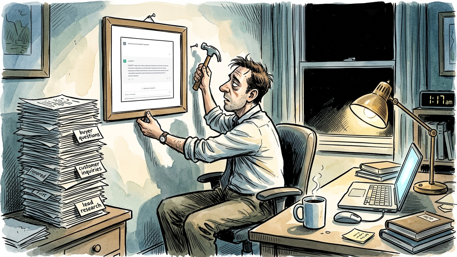 Cartoon marketer framing one ChatGPT screenshot while buyer prompts pile up behind him