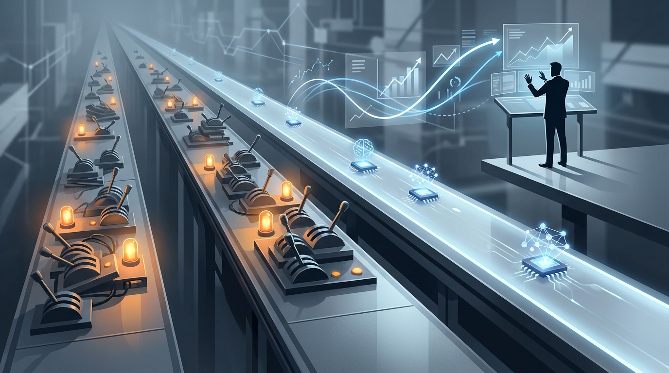 Three distinct paths diverge on a clean architectural surface, two ending in manual levers and one leading to an autonomous control hub with a human figure overseeing glowing data flows