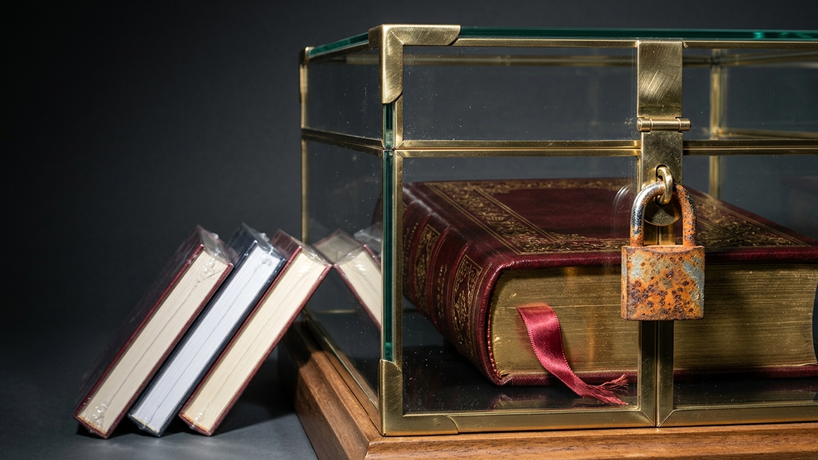 A gold-edged leather book sealed in a glass case by a cheap rusty padlock, with more new books stacked outside: great content is useless if access is locked.