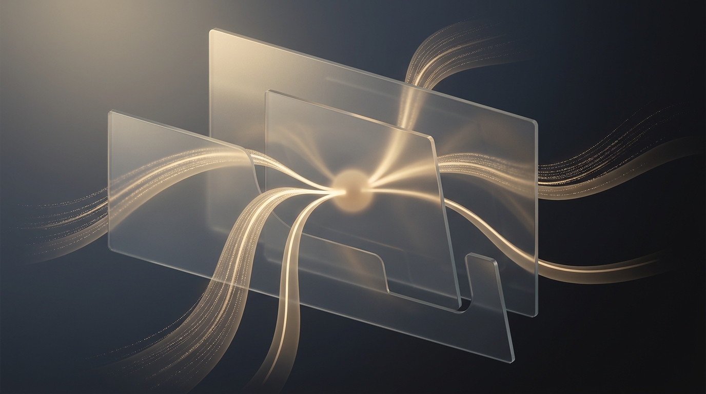 Abstract 3D illustration of glowing muted gold data ribbons flowing through layered translucent planes on a deep slate background