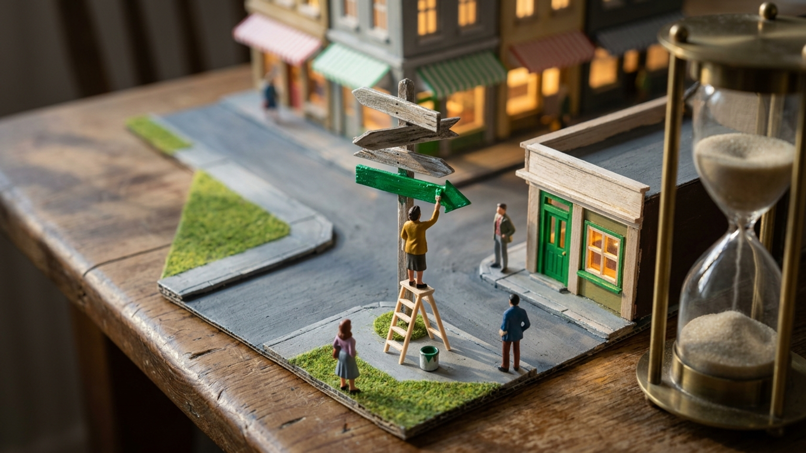 Miniature village where signposts send shoppers to rivals; a tiny owner repaints one arrow toward her shop as a giant hourglass runs beside her.