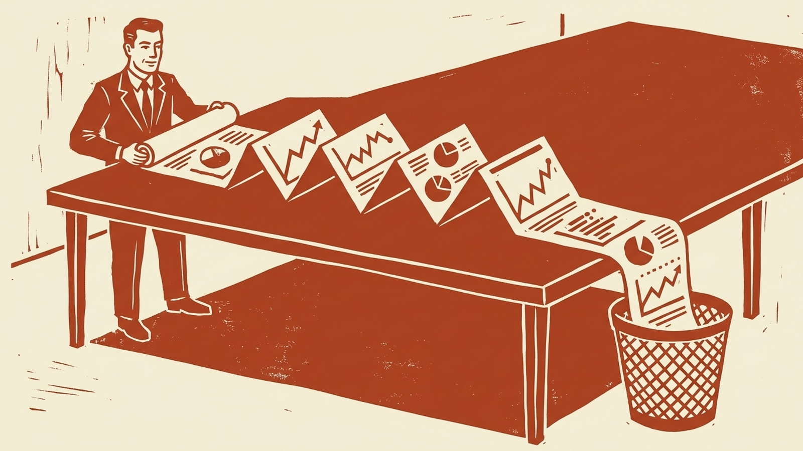 Linocut illustration of an agency presenter unfurling an endless chart into a wastebasket.