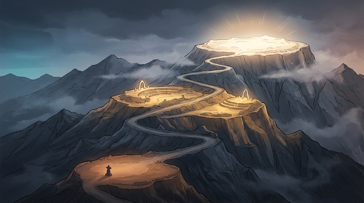 A bold editorial illustration of a staged mountain ascent with glowing waypoints, representing the phased journey of scaling ad spend without losing performance.