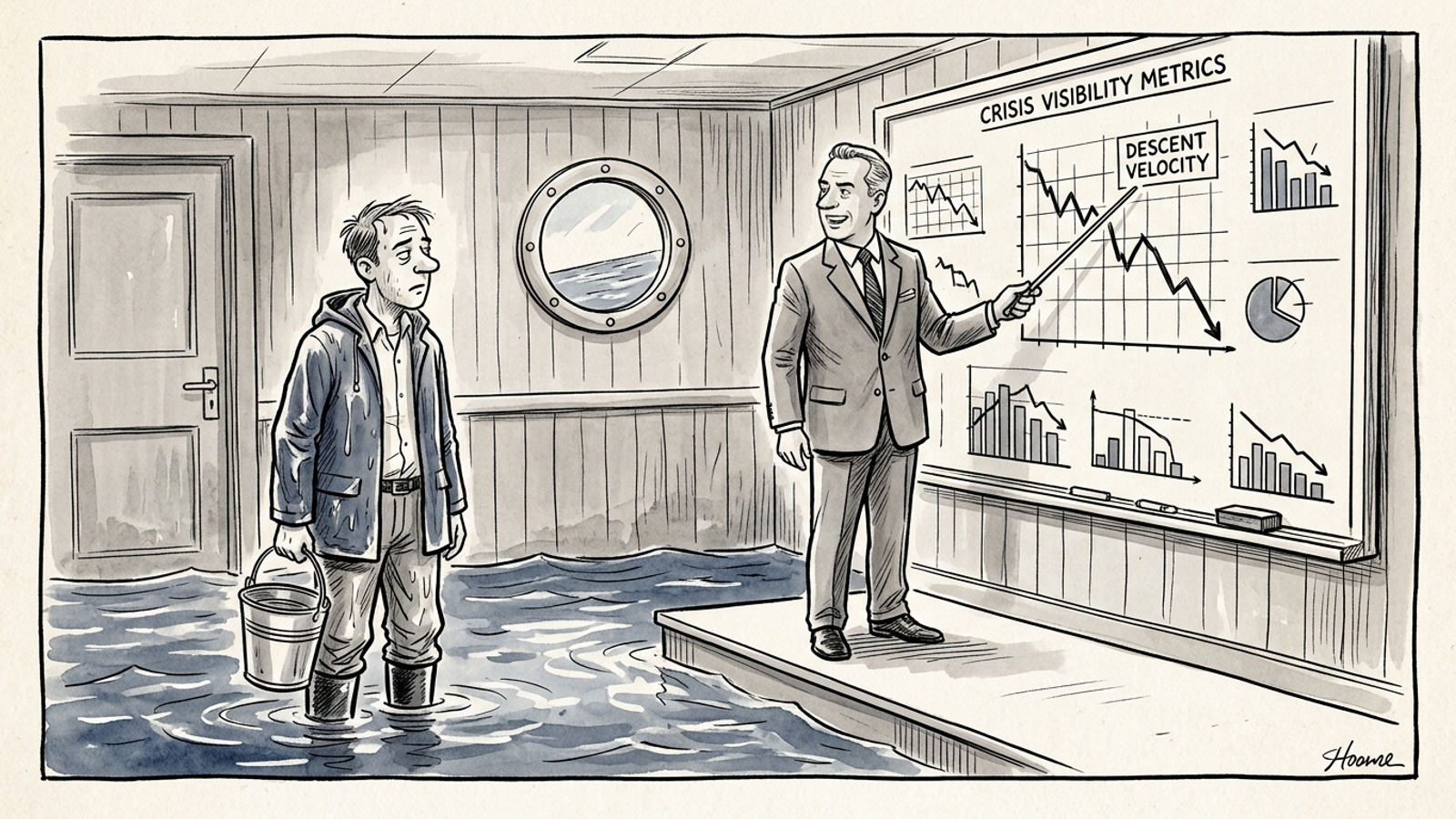 An executive points to a chart of a sinking ship while an engineer stands nearby with an unused bucket.