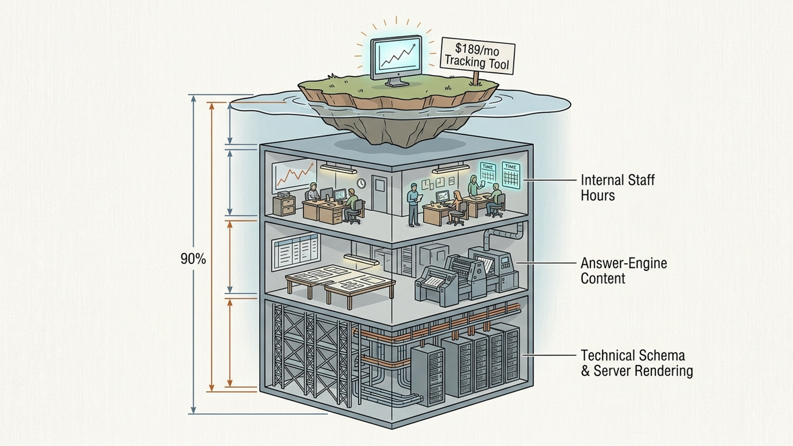 Cutaway illustration of a small SaaS subscription above much larger chambers of labor, content and crawl engineering.