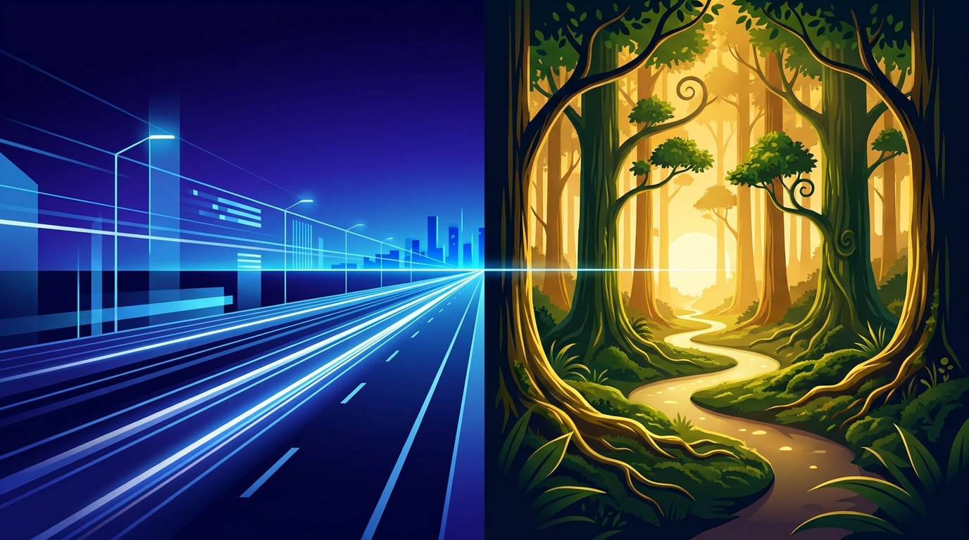 Two diverging paths through a stylized landscape — one fast highway and one slow-growing forest — representing the PPC vs SEO channel choice in 2026.