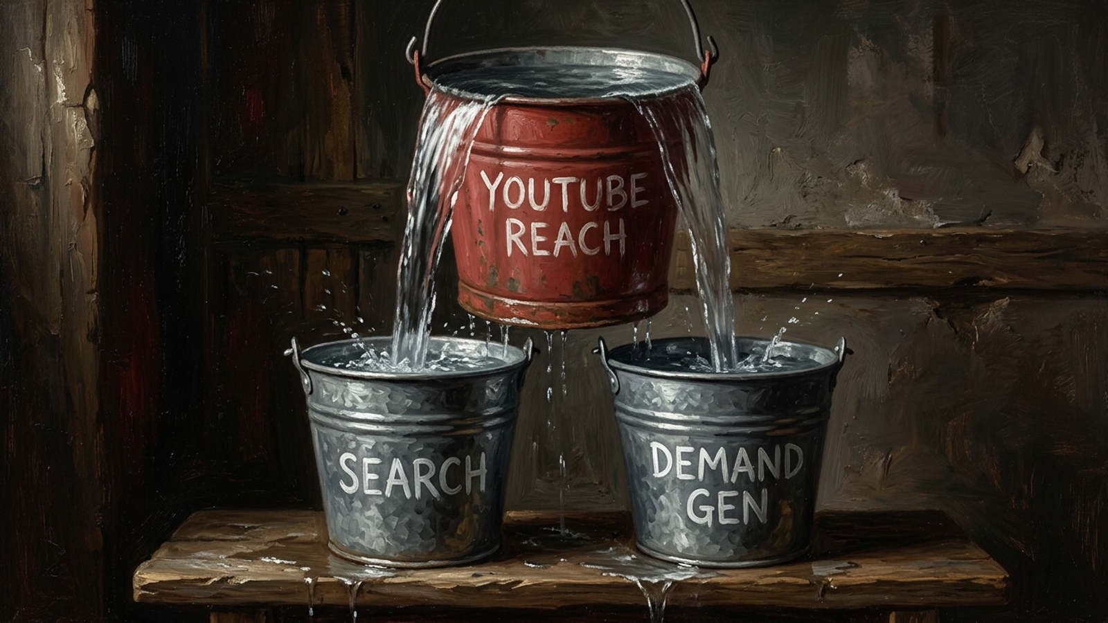 Overflowing YouTube TV bucket pouring viewers into search and shopping buckets
