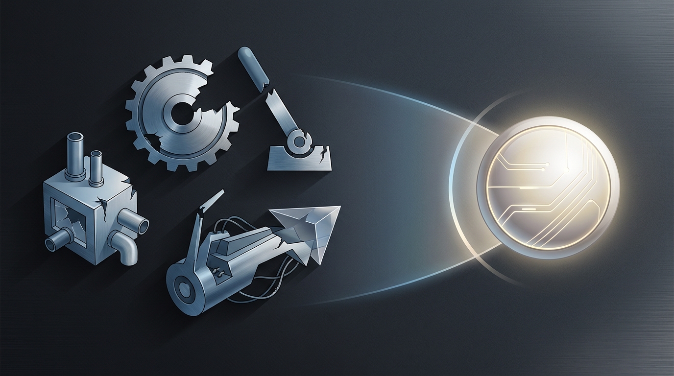 Four fragmented automation tools arranged against a unified control system, symbolizing the gap between assisted tooling and true autonomous Google Ads management.