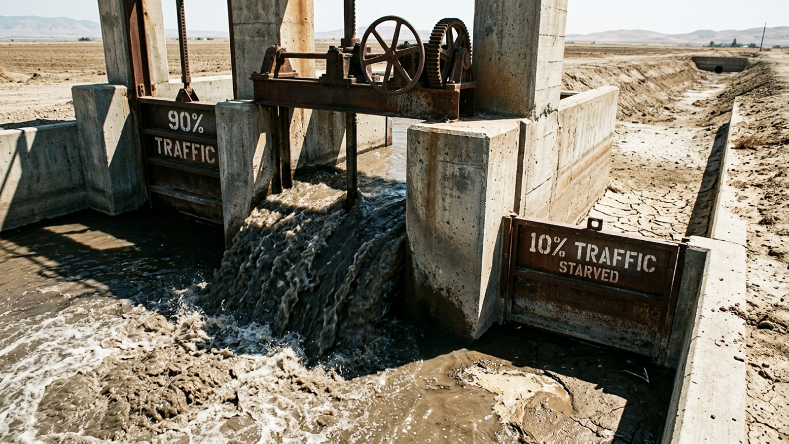 Split irrigation gate sending nearly all water into one shallow basin while a second channel remains dry.
