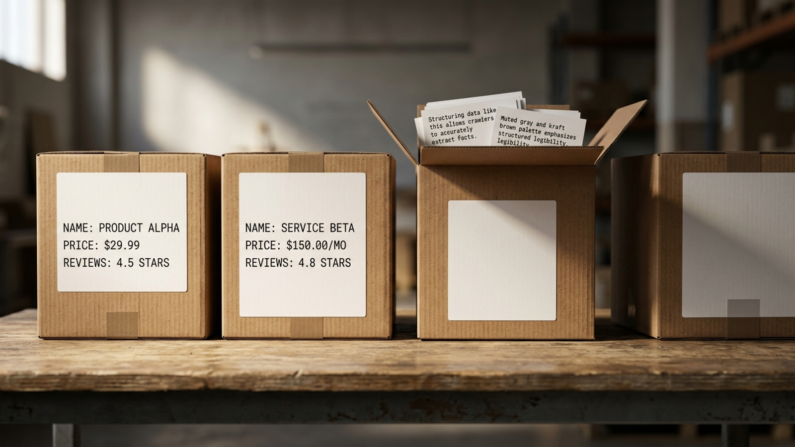 Photograph of labelled moving boxes with facts on the outside for AI parsers