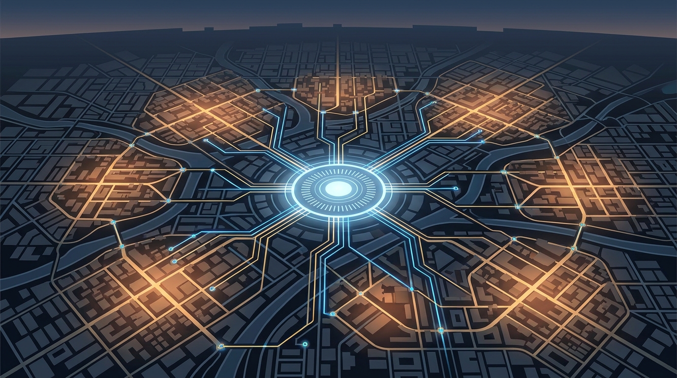 Aerial view of a city grid with glowing network nodes connecting multiple district clusters, symbolizing coordinated multi-location ad campaign management
