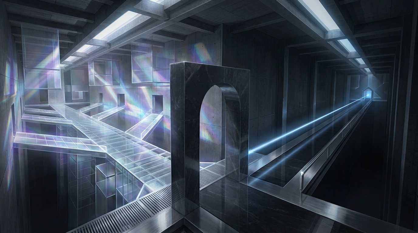Two diverging paths through a clean, modern architectural space — one broad and luminous, one narrow and precise — symbolizing the choice between Performance Max and Search campaigns.