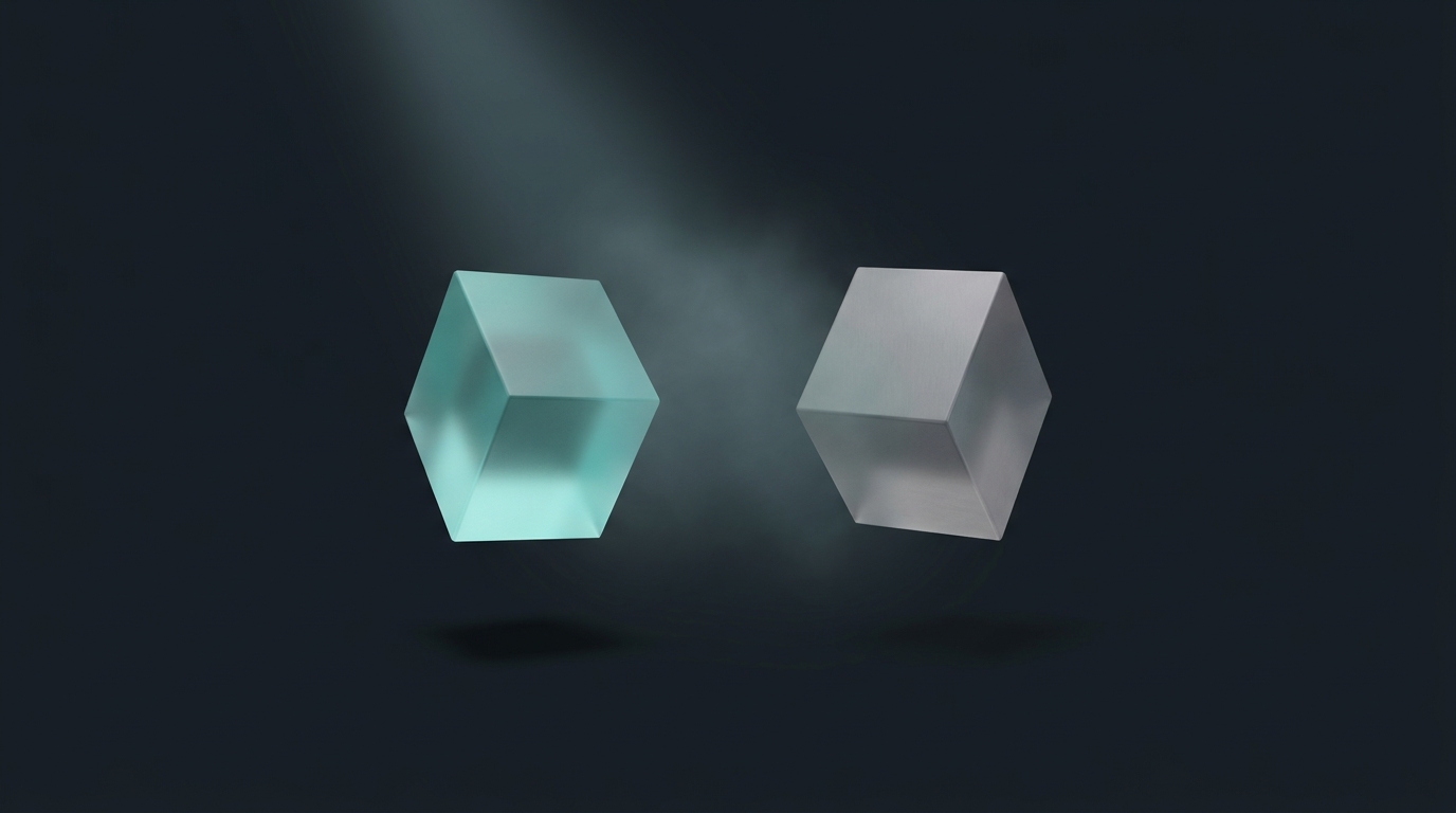 Two suspended geometric prisms facing each other, one larger, lit by cool teal directional light against a deep slate background with soft atmospheric depth.