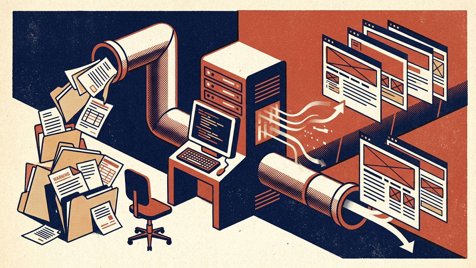 A data pipeline splits: one path updates code; the other drops tickets onto a desk.