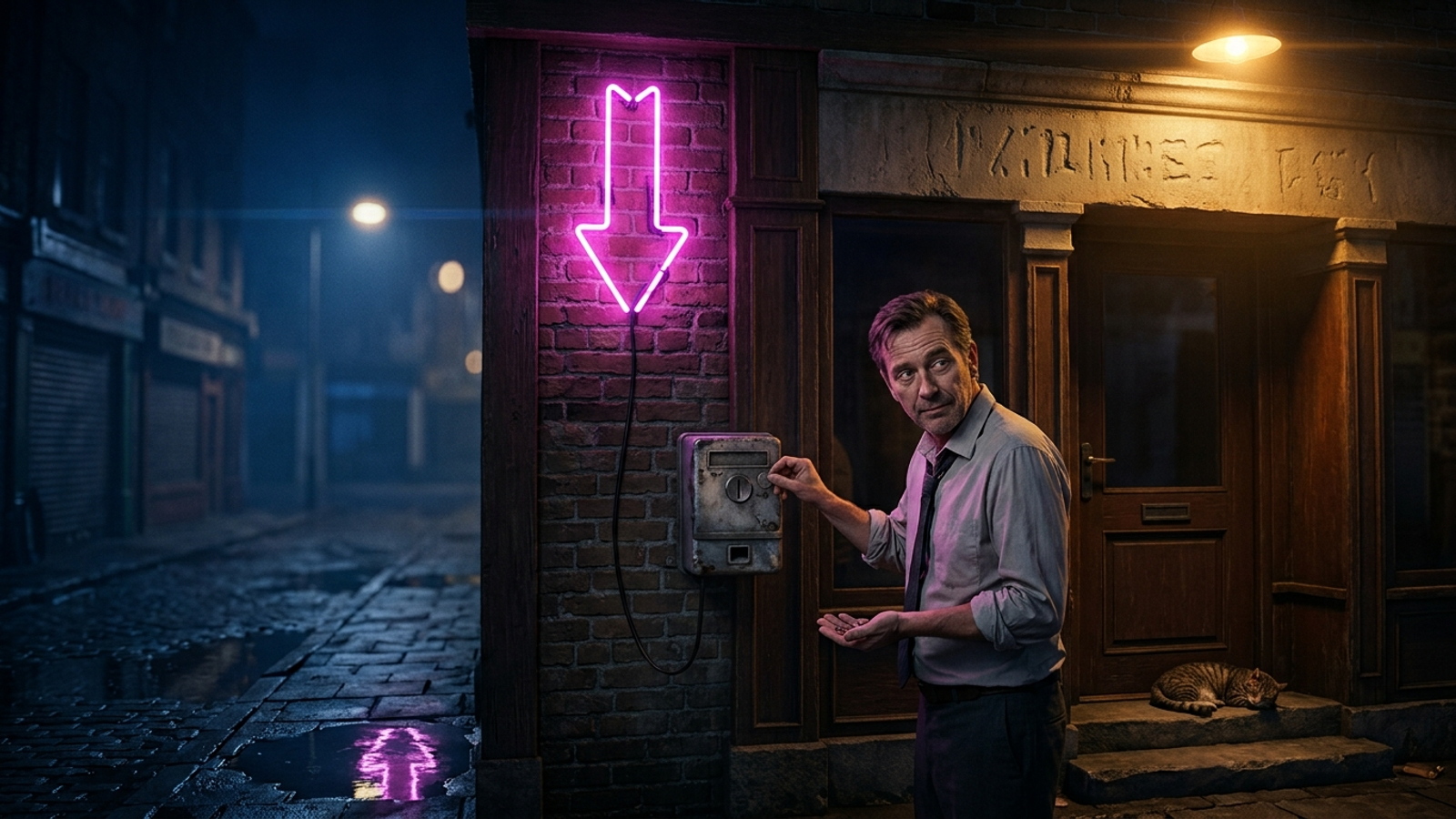 At night a man feeds coins into a meter to keep a flickering neon arrow lit, while the shop next door's name is carved in stone and glows for free.