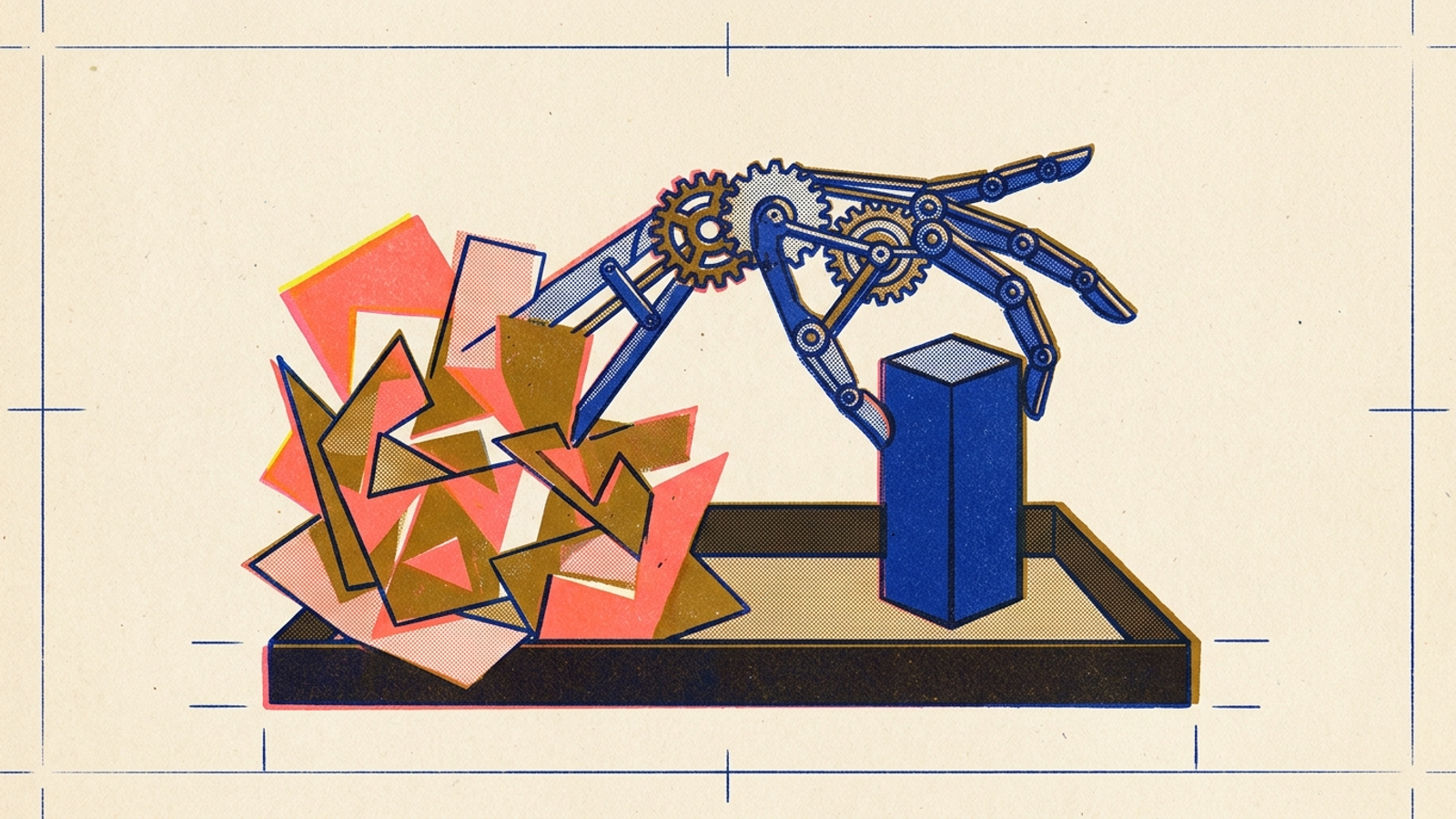 An AI retrieval hand passing over mismatched shapes in favor of a unified one.