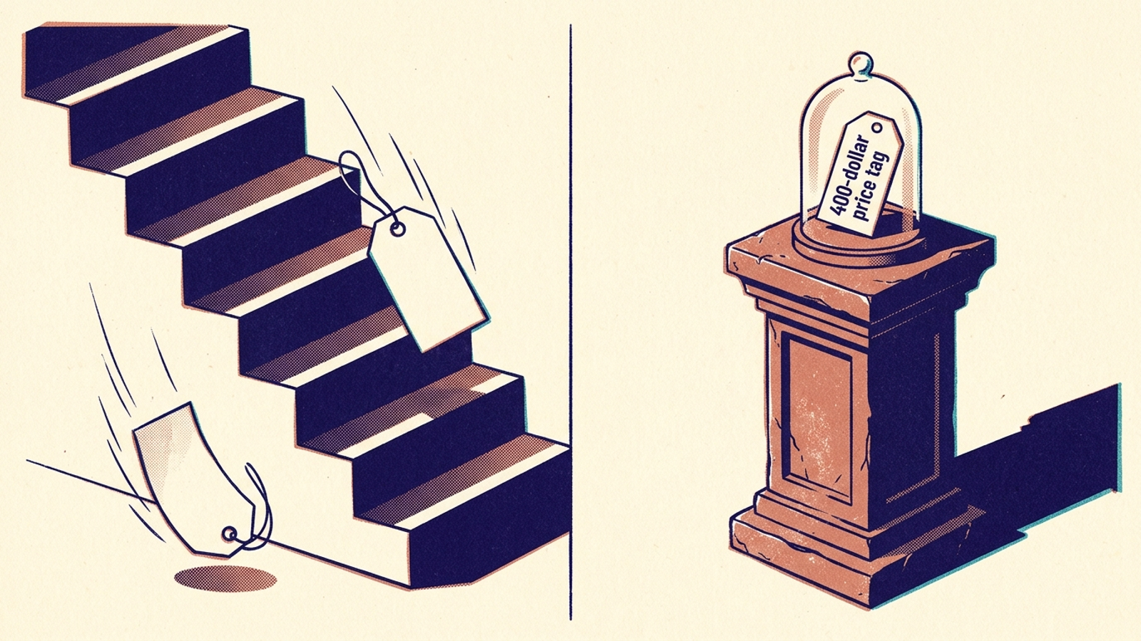 Illustration of falling API token costs beside an expensive software dashboard.