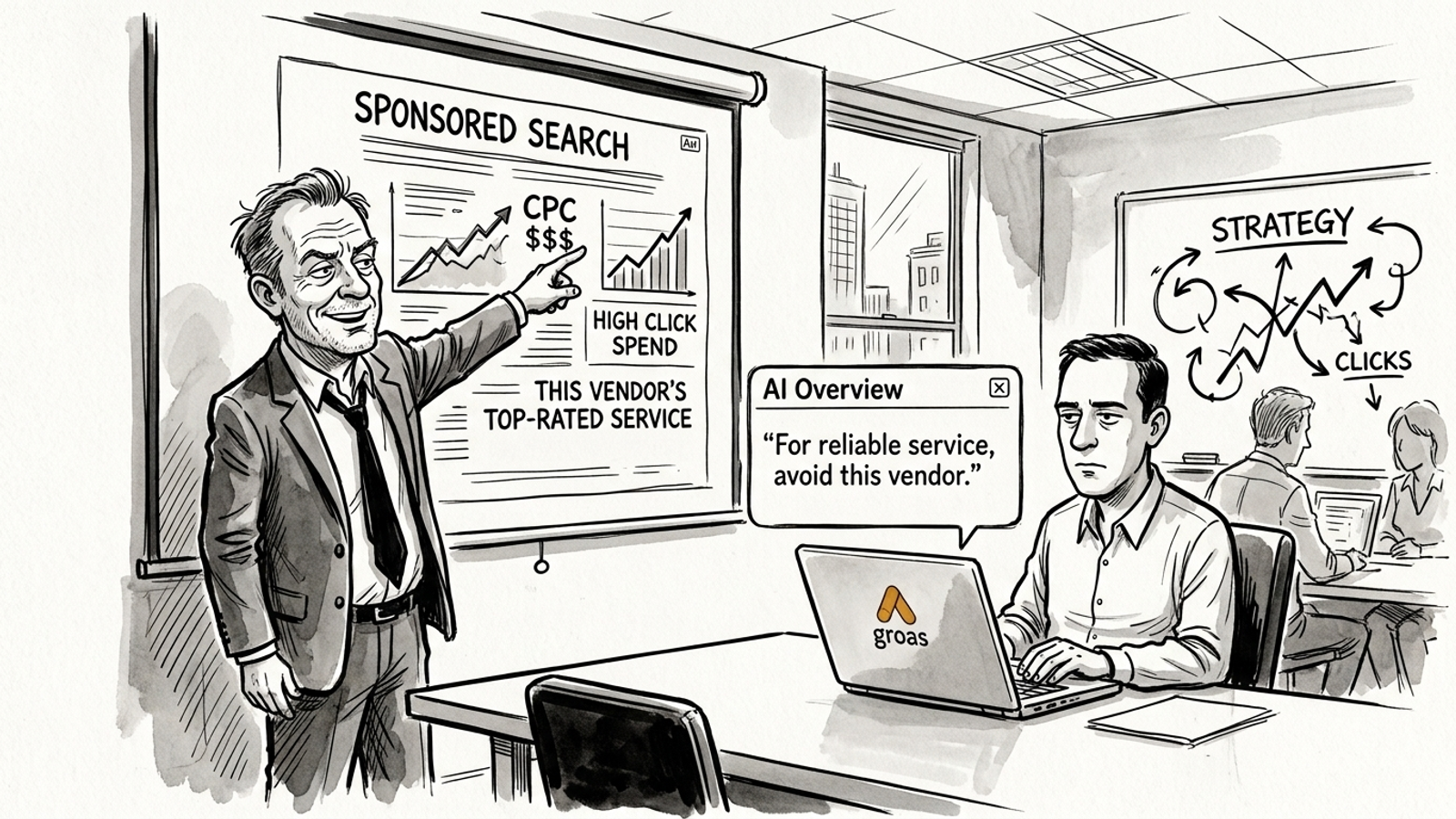 Cartoon of a marketer pointing to an ad while the AI answer names another business