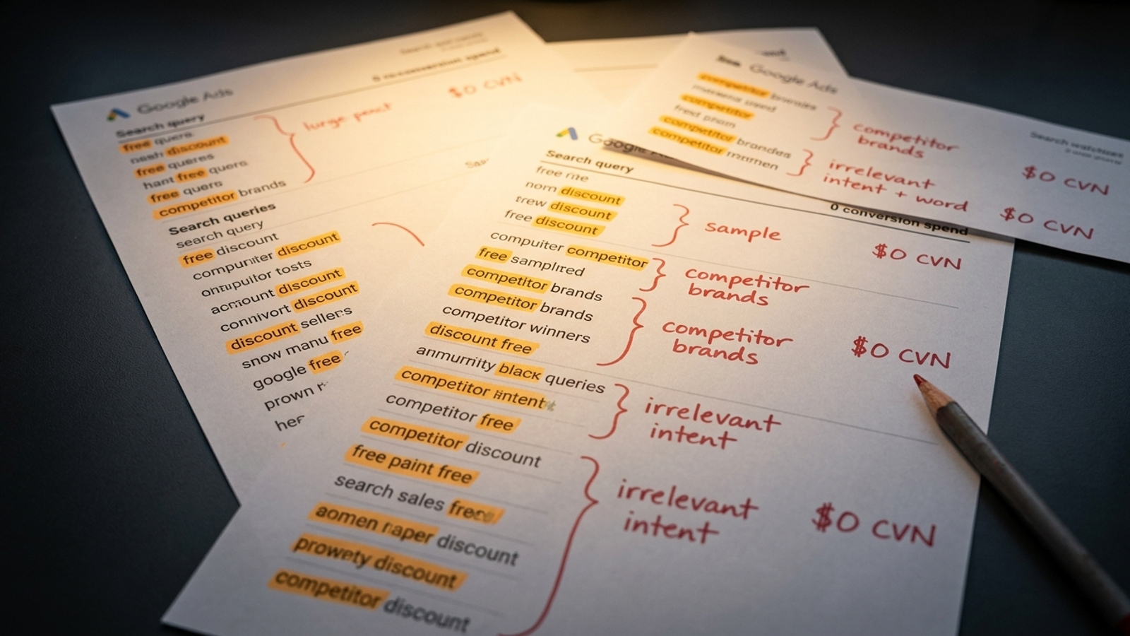 Search query logs marked with recurring terms and cumulative spend.