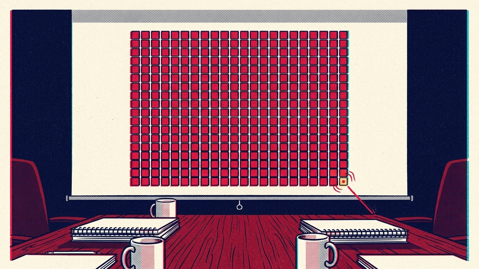 Risograph illustration of a presentation screen showing a red grid with one small amber dot