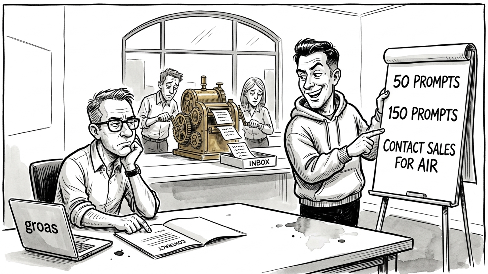 Cartoon of a software rep showing an agency owner prompt-limited pricing while staff check queries by hand.