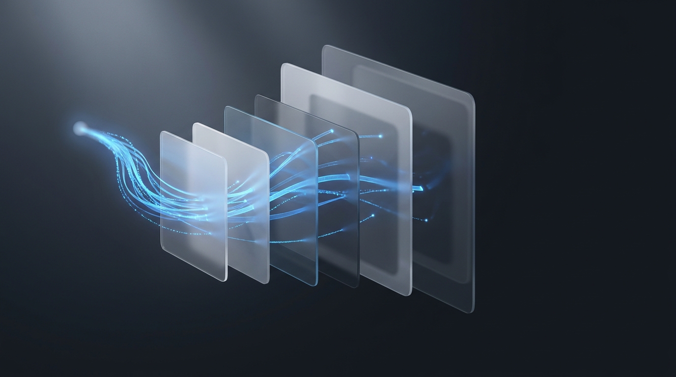Abstract 3D illustration of flowing data ribbons in electric blue tracing layered pipeline stages on a deep slate background with soft directional lighting