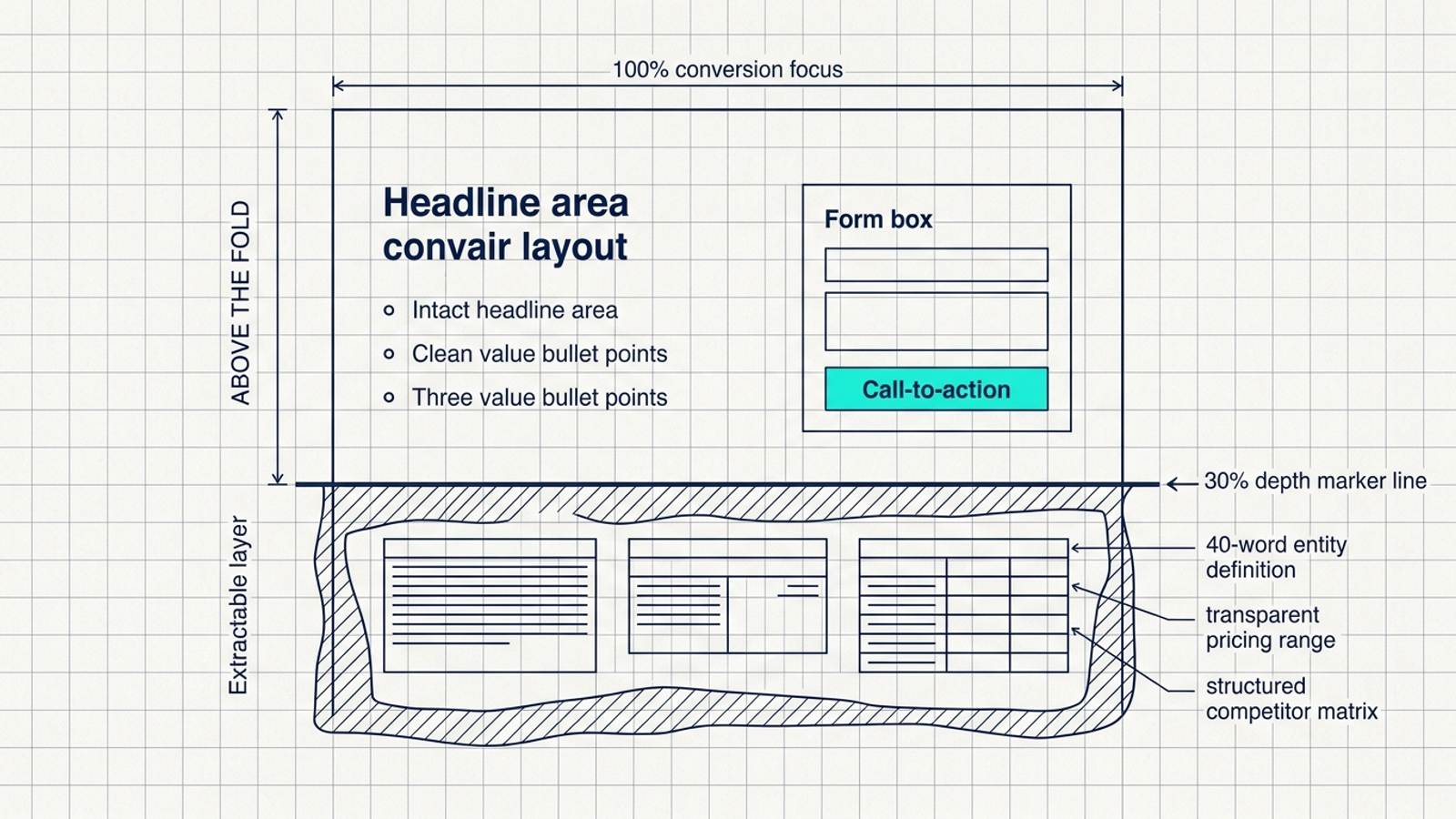 Landing-page cutaway with an unchanged conversion hero above factual answer blocks