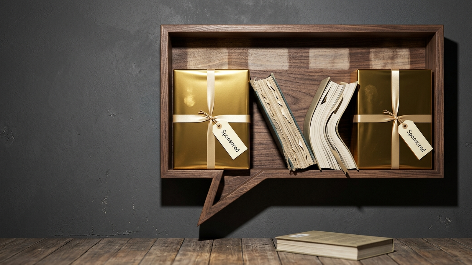A speech-bubble-shaped bookshelf where gold 'Sponsored' gift boxes squeeze out the books, leaving two leaning sources and one fallen to the floor.