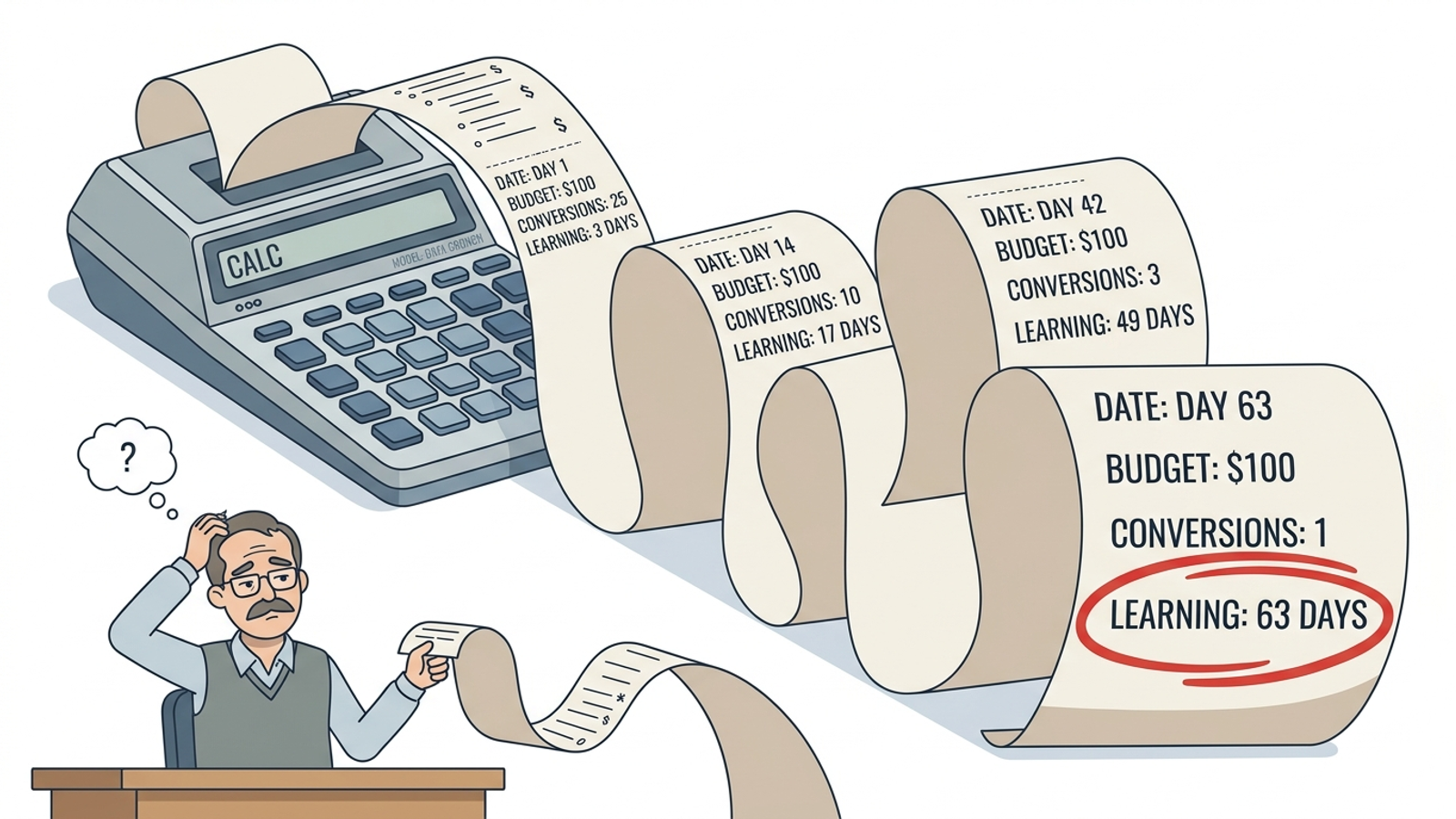 Cartoon calculator showing estimated learning days rising as daily conversions shrink