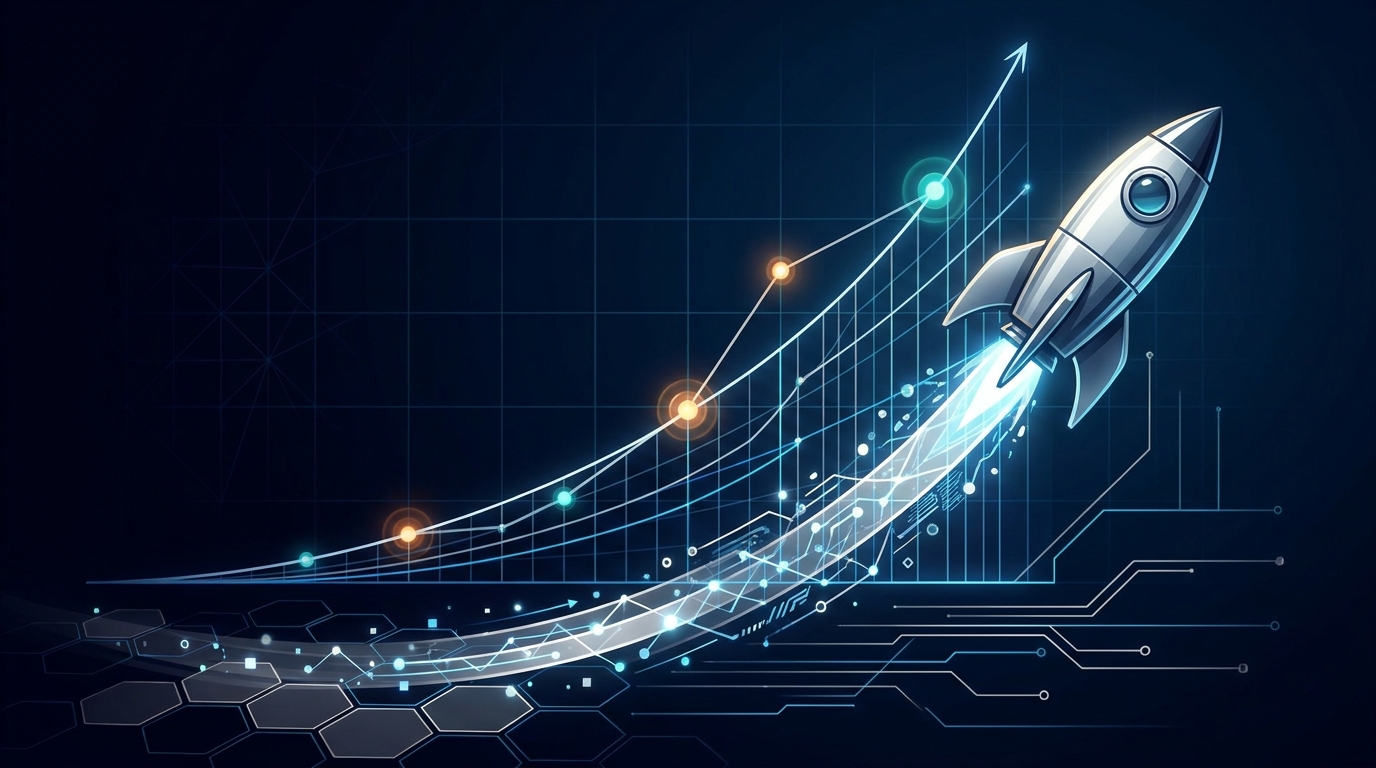 Abstract visualization of a rocket ascending along a sharply rising curve, surrounded by geometric data streams and glowing nodes on a dark navy background.